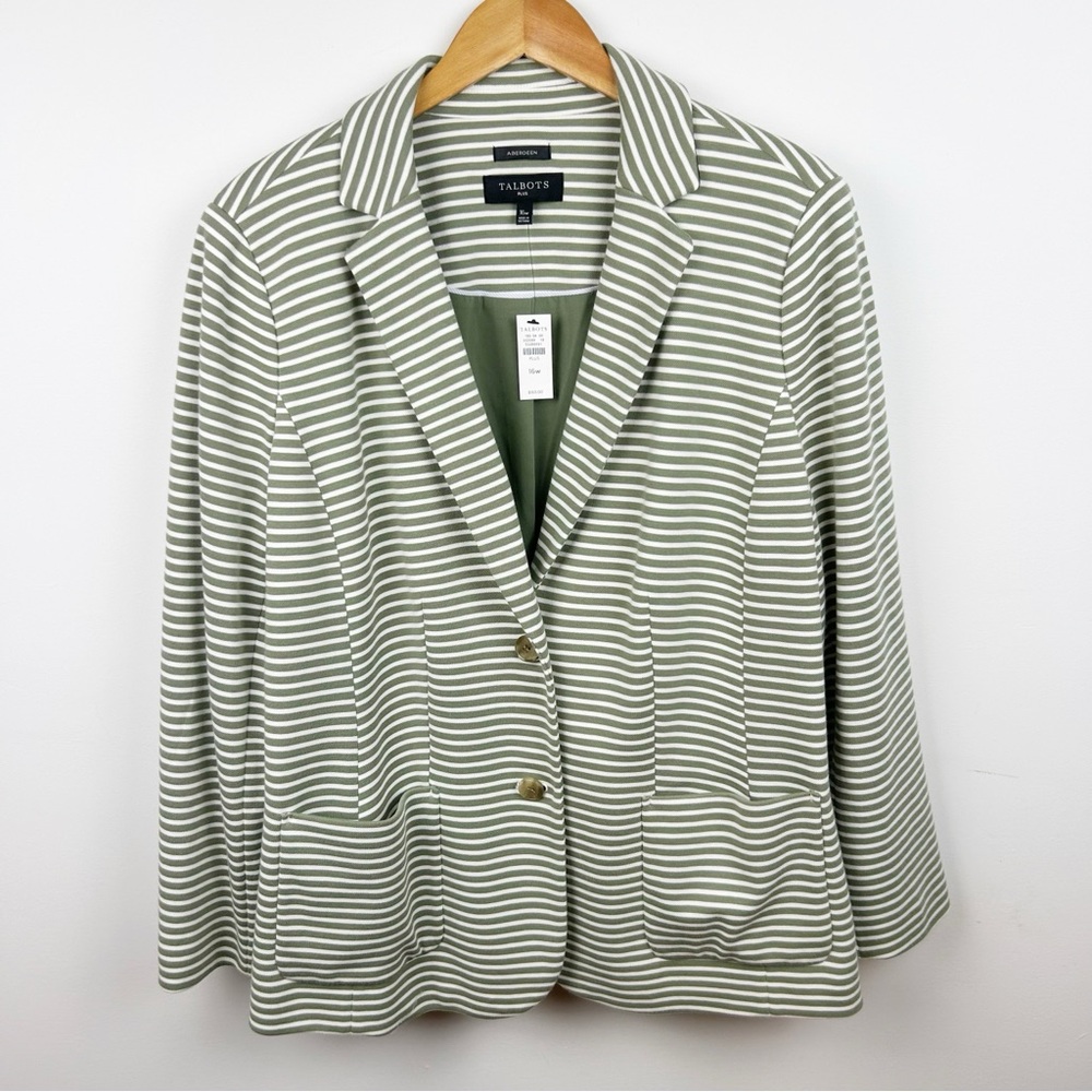Talbots Aberdeen Striped Knit Blazer 16W Green White Jacket NWT